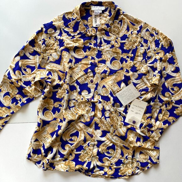 Vintage Spenser Jeremy 100% Silk *NWT Barocco Style Print Button Up Blouse M - Picture 1 of 6